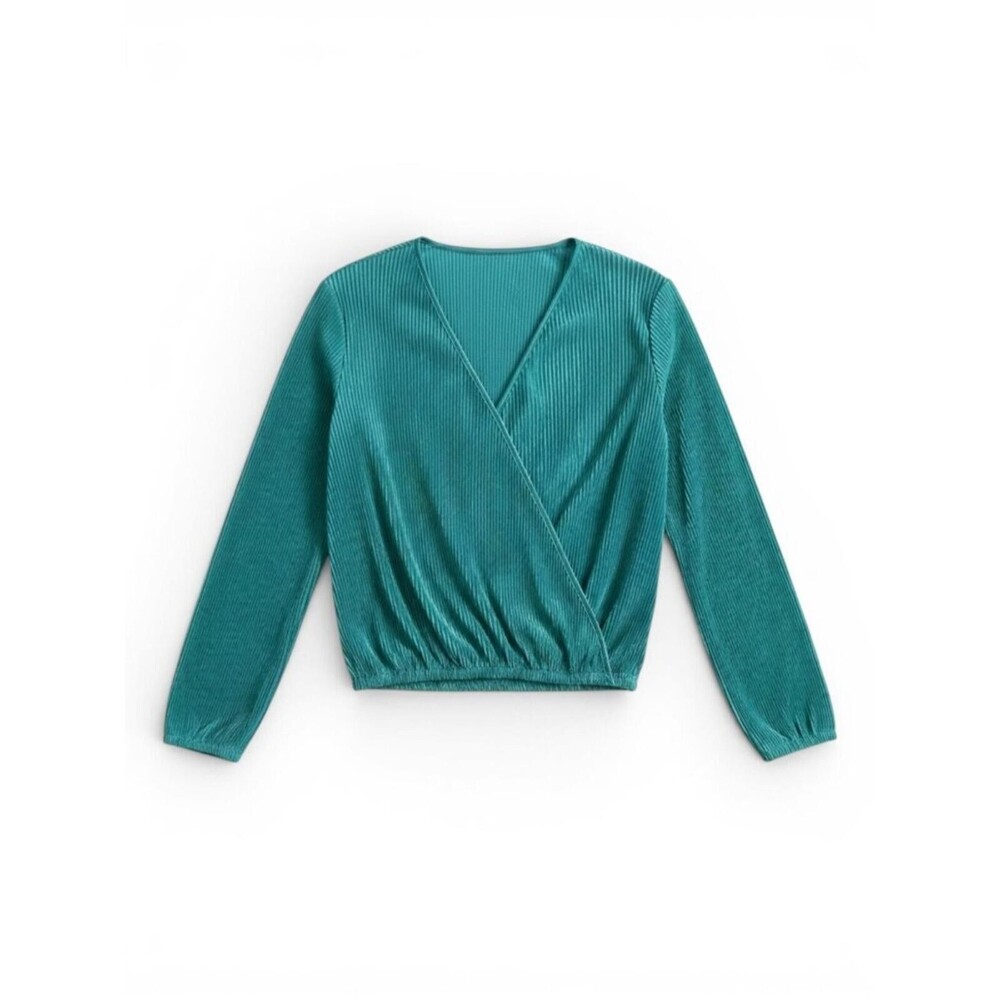 Cupshe Teal Green Ribbed Wrap-Front Long Sleeve Top M